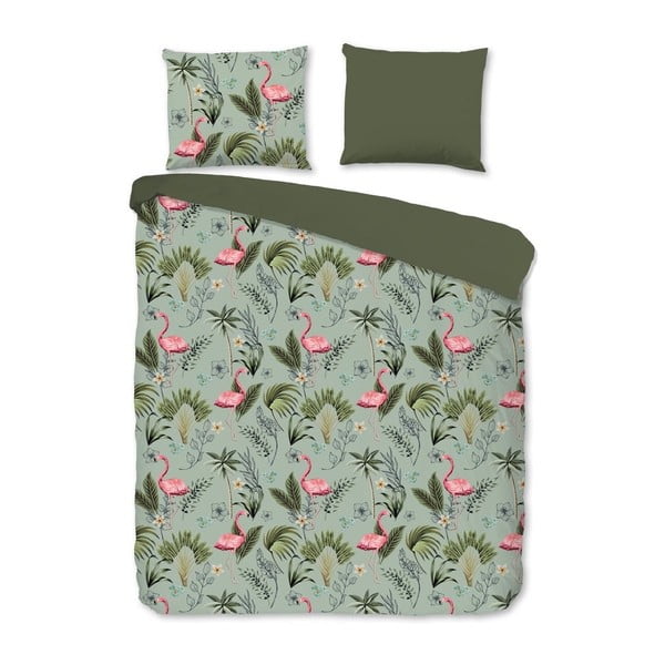 Zaļa kokvilnas divvietīga gultasveļa Good Morning Flamingo, 200 x 220 cm