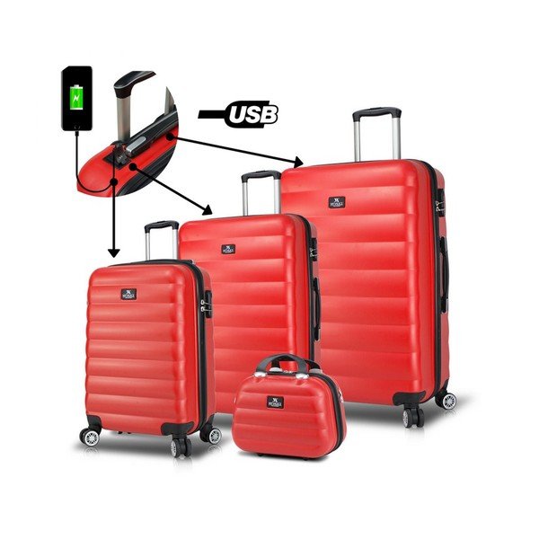 3 sarkanu ceļojuma koferu komplekts uz riteņiem ar USB pieslēgvietām un rokas somu My Valice RESSO Travel Set-image-1