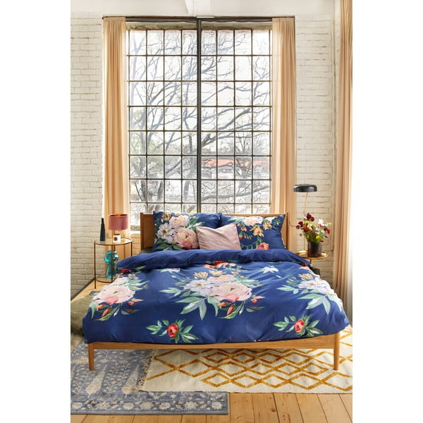 Tumši zila kokvilnas satīna divvietīga gultas pārklājs 200 x 200 cm Floret - Bonami Selection-image-1