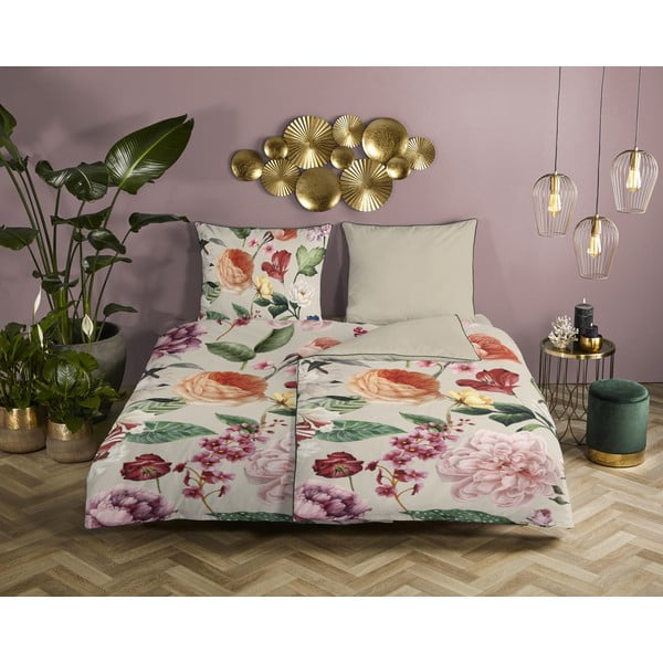 Bēša vienvietīga gultas veļa no kokvilnas satīna 140x200 cm – Descanso-image-1