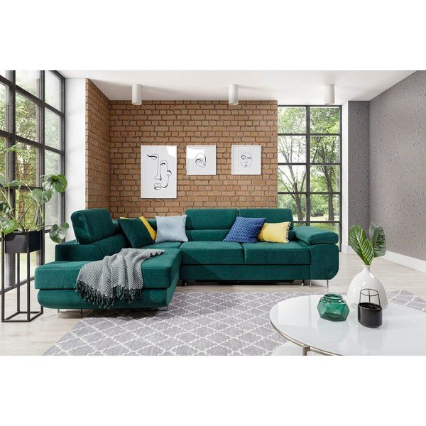 Zaļš samta salokāms/ar uzglabāšanas vietu stūra dīvāns (ar kreiso stūri/L veida) Anton – ELTAP-image-1