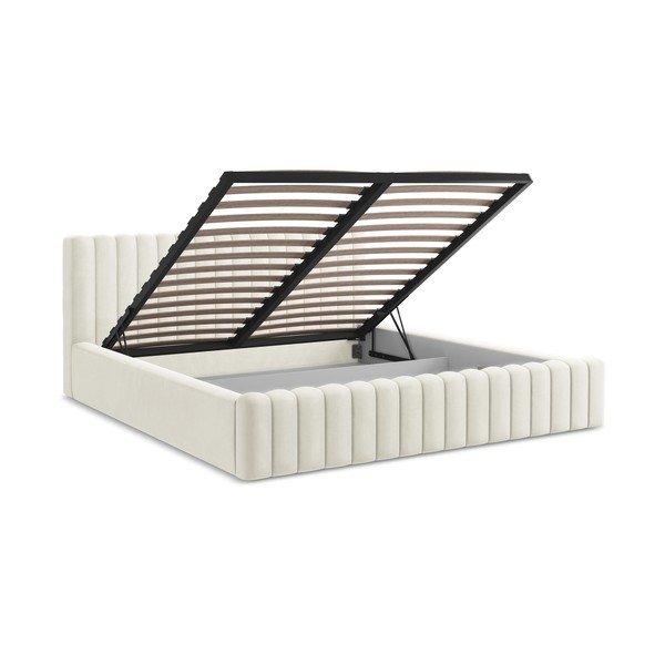 Krēmkrāsas polsterēta divvietīga gulta ar veļas kasti ar redelēm 180x200 cm Lemi – Makamii-image-3