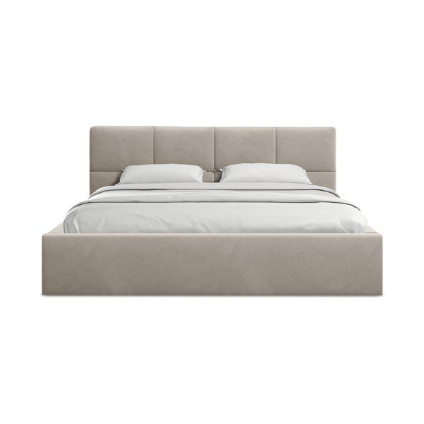 Pelēkbrūna samta polsterēta divvietīga gulta ar veļas kasti ar redelēm 140x200 cm Hiko – Makamii-image-3