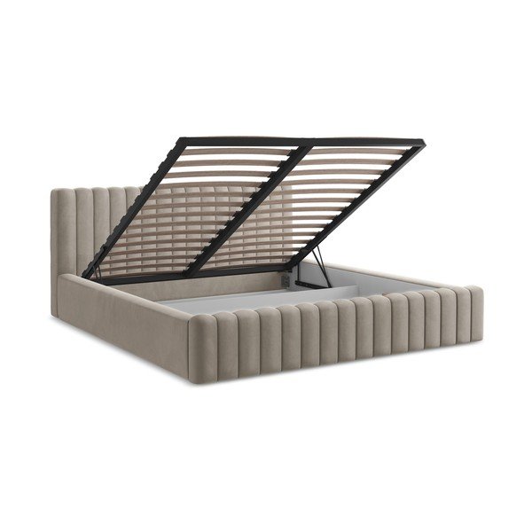 Pelēkbrūna polsterēta divvietīga gulta ar veļas kasti ar redelēm 160x200 cm Lemi – Makamii-image-3