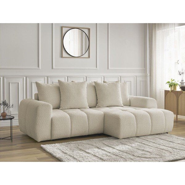 Bēšs salokāms stūra dīvāns no buklē auduma ar uzglabāšanas vietu (ar labo stūri/ar zvilni) Roxelane – Bobochic Paris-image-3