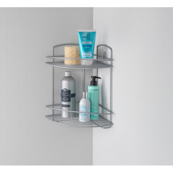 Pie sienas stiprināms stūra vannas istabas plaukts no tērauda sudraba krāsā – Metaltex-image-1