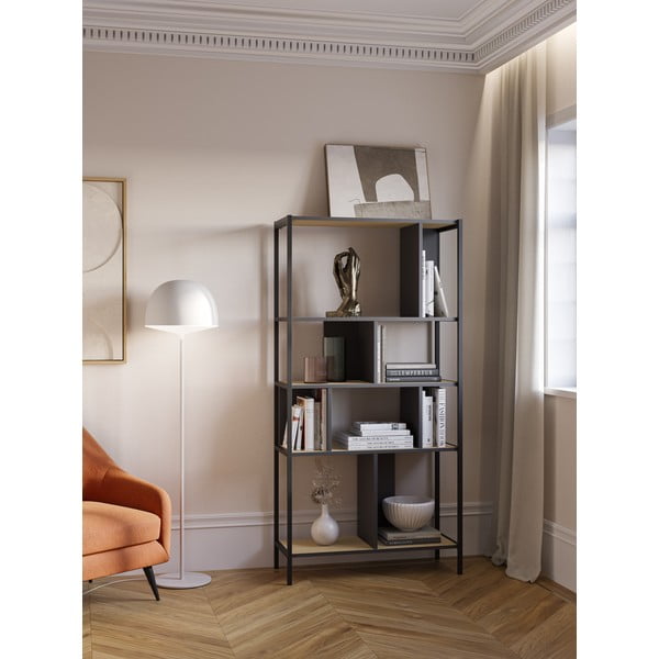 Melns/dabīga toņa grāmatplaukts ar ozolkoka imitāciju 88x175 cm Alabama – Marckeric-image-1