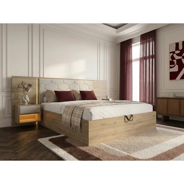 Bēša polsterēta/no skaidu plāksnēm divvietīga gulta ar veļas kasti ar redelēm 160x200 cm Palmeraie – Bobochic Paris-image-1