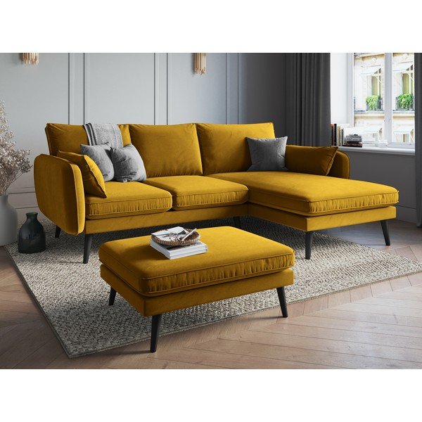 Dzeltens samta stūra dīvāns ar melnām kājām Kooko Home Lento, labais stūris-image-1