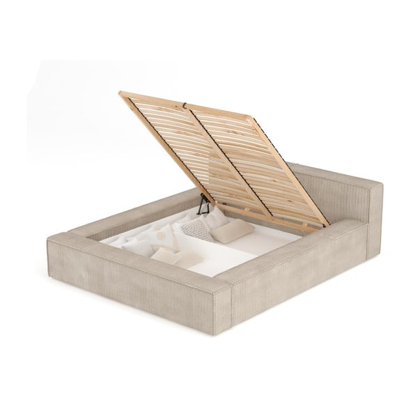 Bēša polsterēta divvietīga gulta ar veļas kasti un redelēm 140x200 cm Voliera – Maison de Rêve-image-3