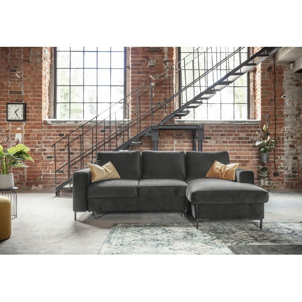 Tumši pelēks samta izlaižams stūra dīvāns Miuform Lofty Lilly, labais stūris-image-1
