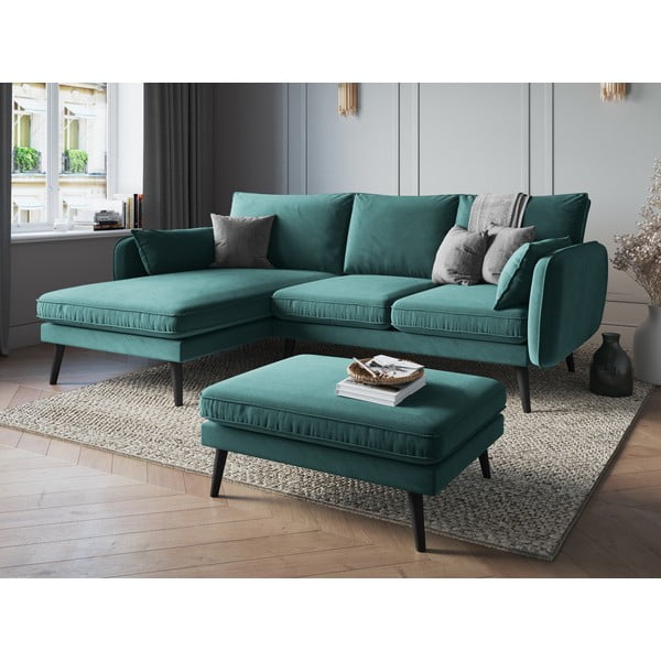Zilganzaļš samta kāju soliņš ar melnām kājām Kooko Home Lento-image-1
