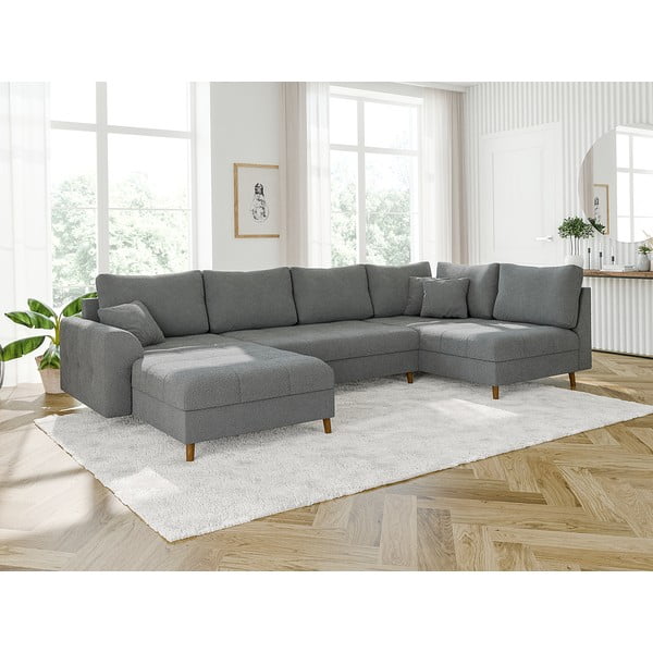 Pelēks stūra dīvāns no buklē auduma (ar kreiso stūri/U veida) Ariella – Ropez-image-3