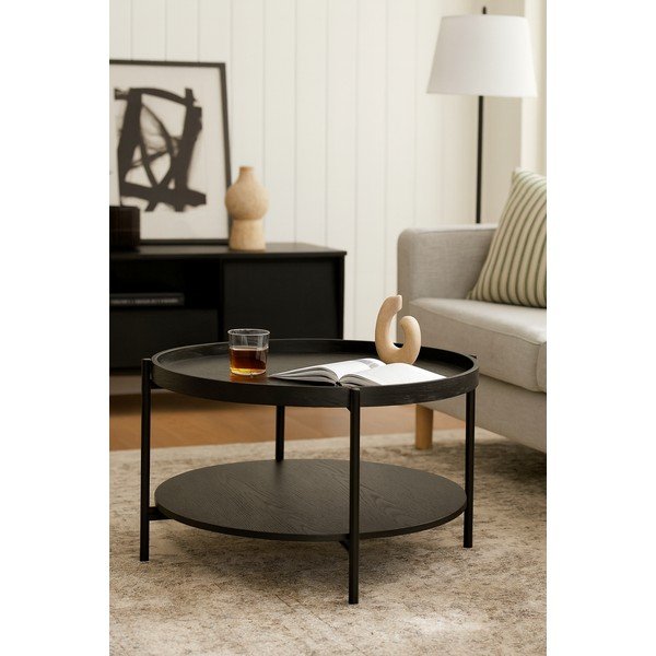 Melns apaļš žurnālgaldiņš ar ozolkoka imitāciju ø 64 cm Hagen – Bonami Essentials-image-3