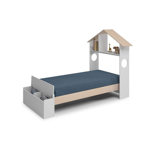 Balta/dabīga toņa bērnu gulta mājas formā ar priedes koka imitāciju un veļas kasti 90x190 cm Odessa – Marckeric-image-3