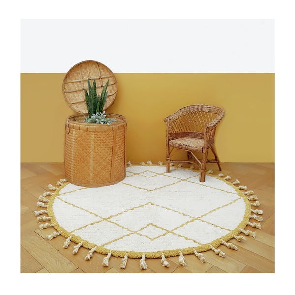 Balti dzeltens ar rokām darināts kokvilnas paklājs Nattiot Come, ø 120 cm-image-2