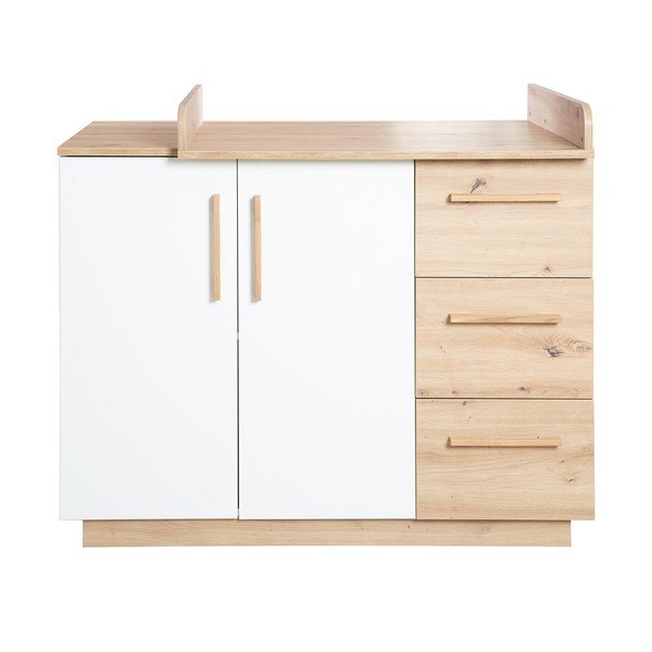 Balta/dabīga toņa bērnu kumode ar ozolkoka imitāciju un pārtinamo galdiņu 118x103x79 cm Lion – Roba