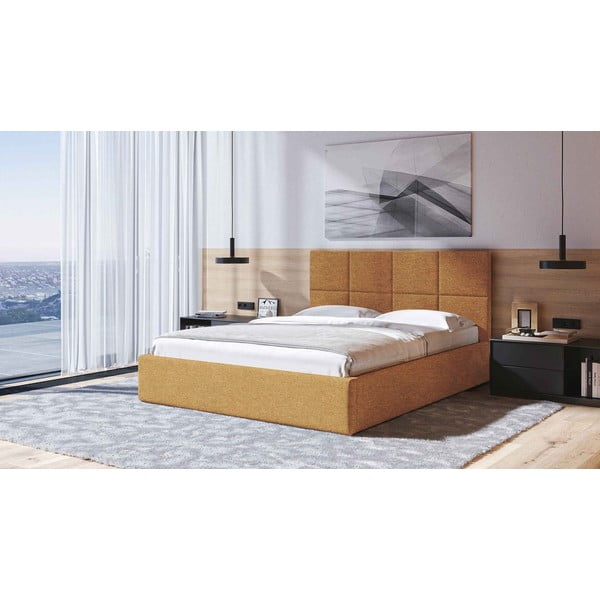Okera dzeltena polsterēta divvietīga gulta ar veļas kasti un redelēm 180x200 cm Bufo – MESONICA-image-1