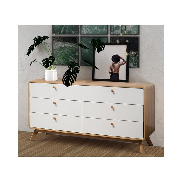 Balta/dabīga toņa zema kumode ar ozolkoka imitāciju 150x74 cm Caitlin – Støraa-image-3