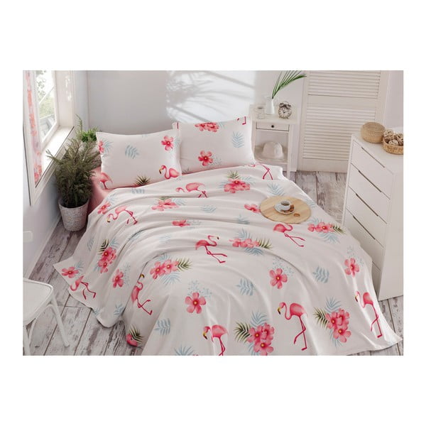Kokvilnas gultas pārklāja, gultasveļas un 2 spilvendrānu komplekts Flamenco Cream, 200 x 235 cm