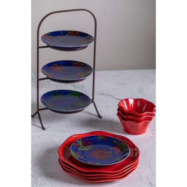 4 zilu ar sarkanu deserta māla šķīvju komplekts Casafina Snowflake, ø 21,6 cm-image-1