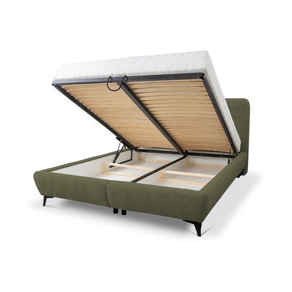 Zaļa polsterēta divvietīga gulta ar veļas kasti un redelēm 140x200 cm Makapu – Makamii-image-1