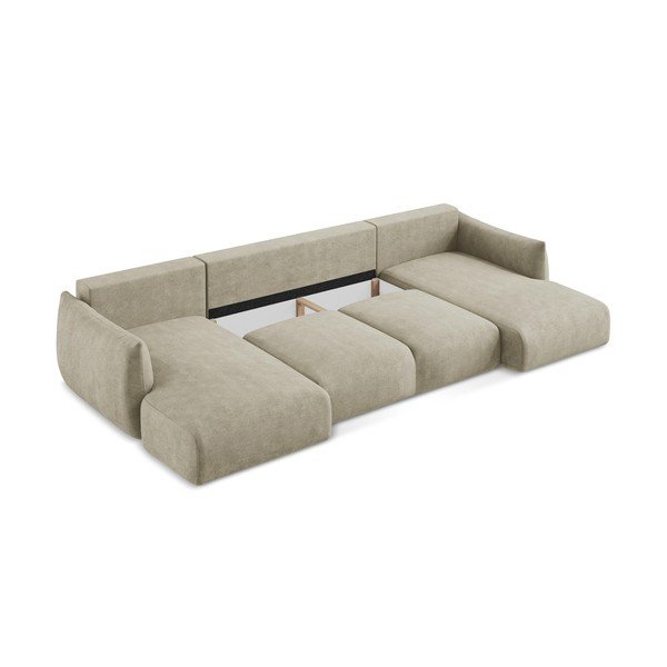 Bēšs salokāms (U veida) stūra dīvāns no šenila auduma Leila – Makamii-image-4