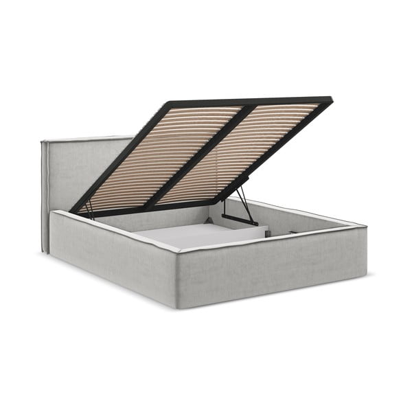 Gaiši pelēka polsterēta divvietīga gulta ar veļas kasti un redelēm 180x200 cm Anani – Makamii-image-2
