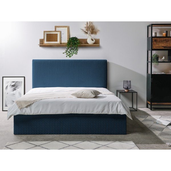 Tumši zila mīksta divguļamā gulta ar glabāšanas vietu un režģi 160x200 cm Adele – Bobochic Paris-image-2