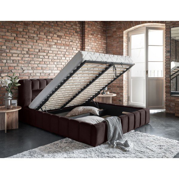 Tumši brūna polsterēta divvietīga gulta ar veļas kasti un ar redelēm 160x200 cm Lamica – ELTAP-image-3