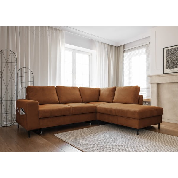 Oranžs/brūns velveta salokāms stūra dīvāns (ar labo stūri) Lofty Lilly – Miuform-image-3