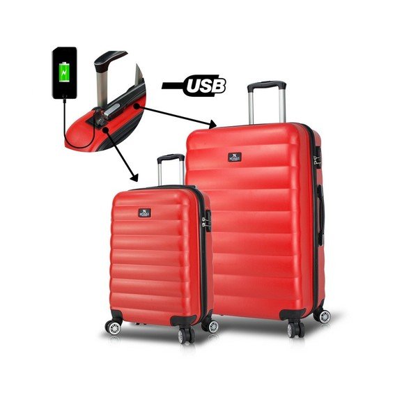 2 sarkanu ceļojuma koferu komplekts uz riteņiem ar USB pieslēgvietām My Valice RESSNO Cabin & Large-image-1