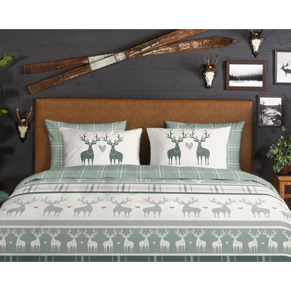 Zaļa/krēmkrāsas divguļamā flaneļa gultas veļa 200x220 cm Bjirk – Good Morning-image-2