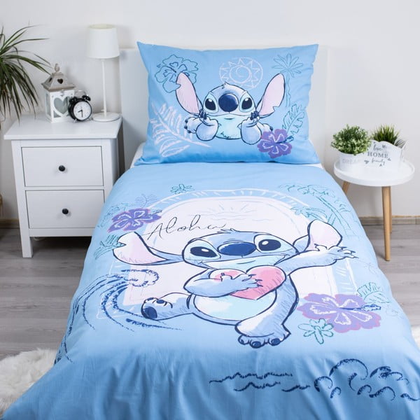 Zila vienguļamā kokvilnas bērnu gultas veļa 140x200 cm Lilo and Stitch "Wave" – Jerry Fabrics-image-1