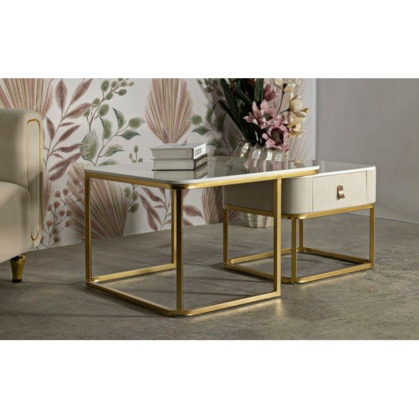 Krēmkrāsas/zelta krāsas žurnālgaldiņi ar marmora imitāciju (2 gab.) 50x70 cm Beauty – Mauro Ferretti-image-1