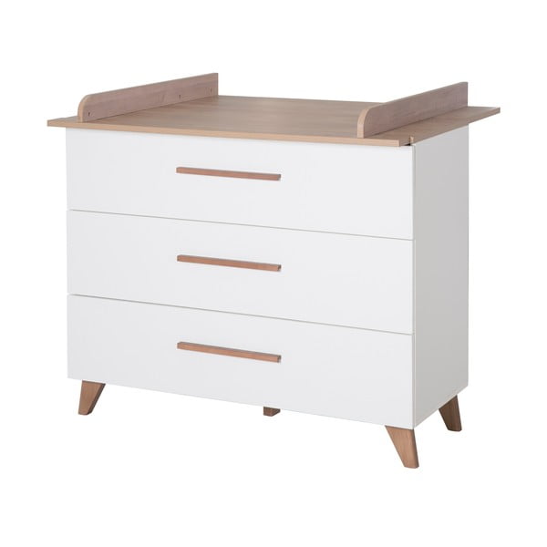 Balta/dabīga toņa zema bērnu kumode ar ozolkoka imitāciju un pārtinamo galdiņu 110x98 cm – Roba