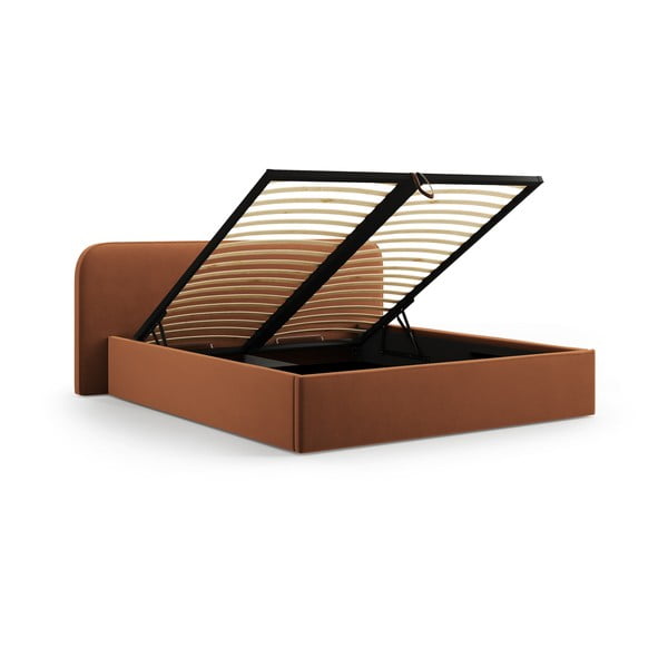 Terakotas oranža polsterēta divvietīga gulta ar veļas kasti un redelēm 200x200 cm Elizabeth – Micadoni -image-2