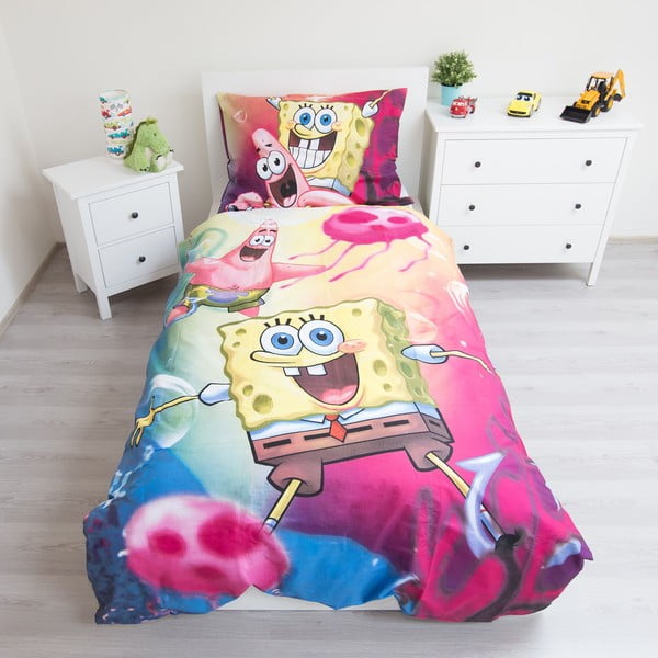 Kokvilnas bērnu gultas veļa vienvietīgai gultai 140x200 cm Sponge Bob – Jerry Fabrics-image-1