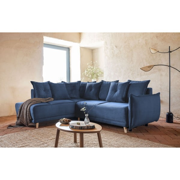 Tumši zils velveta salokāms stūra dīvāns (ar kreiso stūri) Lazy Lukka – Miuform-image-1