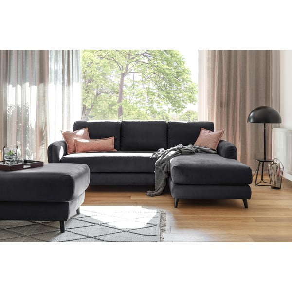 Tumši pelēks samta stūra dīvāns ar kāju soliņu Miuform Cozy Claire, labais stūris-image-3