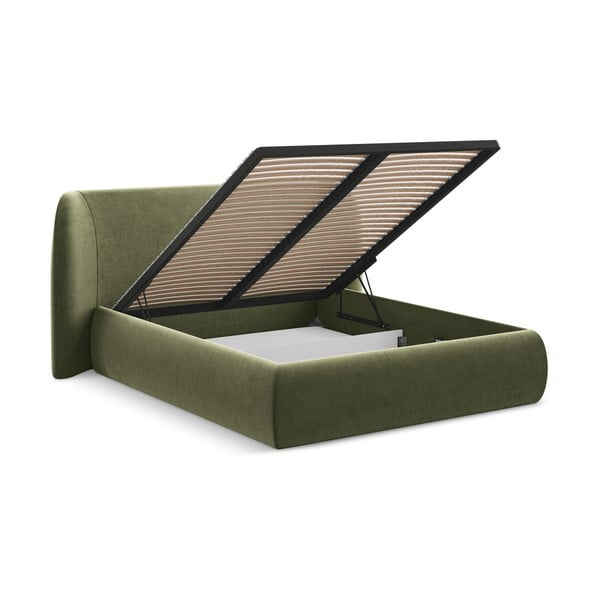 Zaļa polsterēta divvietīga gulta ar veļas kasti un redelēm 180x200 cm Hauke – Makamii-image-2