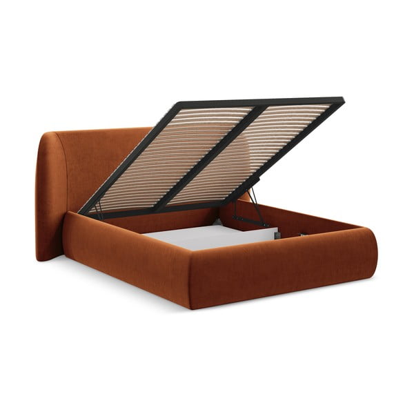 Terakotas oranža polsterēta divvietīga gulta ar veļas kasti un redelēm 160x200 cm Hauke – Makamii-image-2
