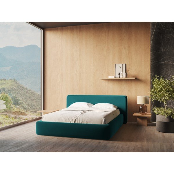 Tirkīzzila polsterēta divvietīga gulta ar veļas kasti un redelēm 180x200 cm Kiana – Makamii-image-1