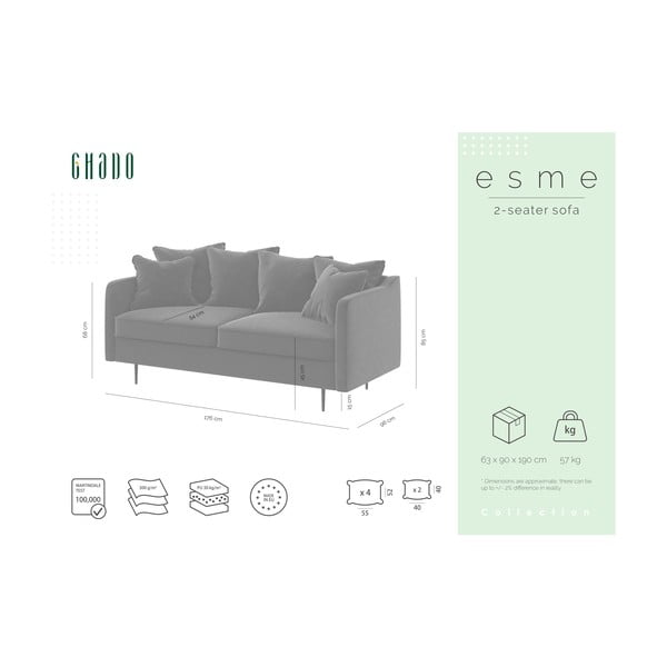 Pelēks samta trīsvietīgs dīvāns Ghado Esme, 176 cm-image-2