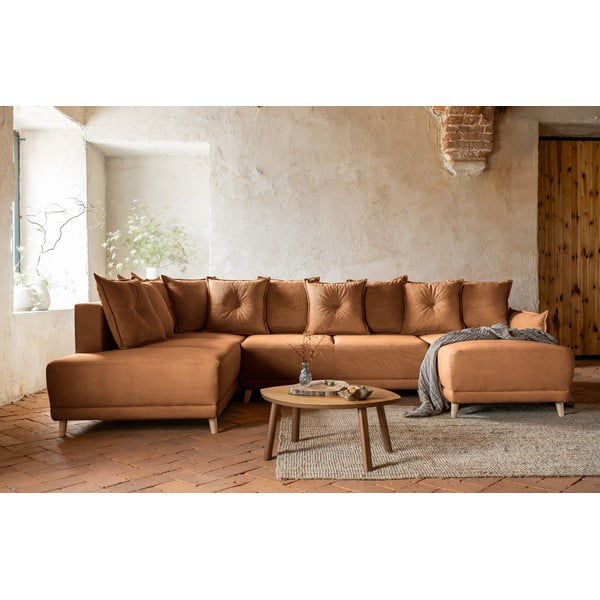 Ķieģeļu sarkans velveta salokāms stūra dīvāns (ar kreiso stūri/U veida) Lazy Lukka – Miuform-image-1