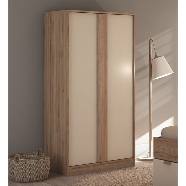 Krēmkrāsas/dabīga toņa drēbju skapis ar ozolkoka imitāciju 90x180x53 cm Dennis – Marckeric-image-2