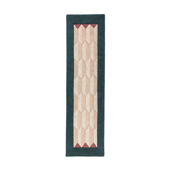 Dabīga toņa/zilganzaļš ar rokām darināts vilnas celiņa paklājs 60x230 cm Apex Border Wool – Flair Rugs