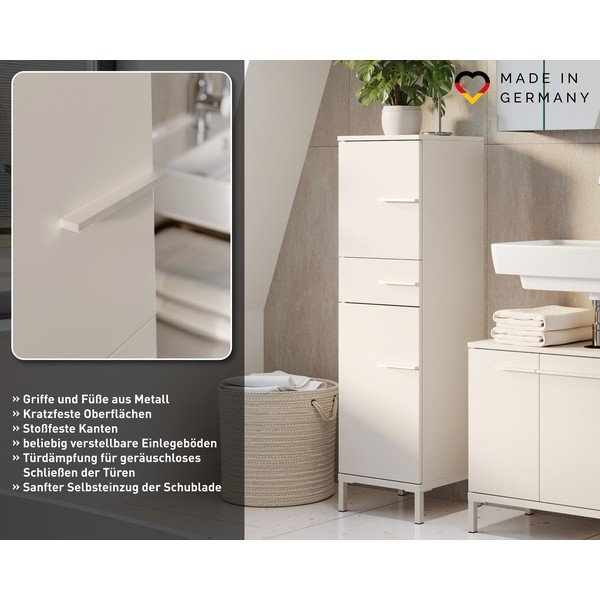 Krēmkrāsas matēts augsts/šaurs vannas istabas skapis 34x123 cm Laurino – Germania-image-4