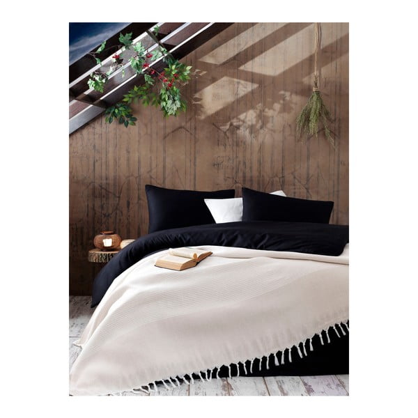 Gaiši bēšs kokvilnas gultas pārklājs Galina Beige White, 220 x 240 cm