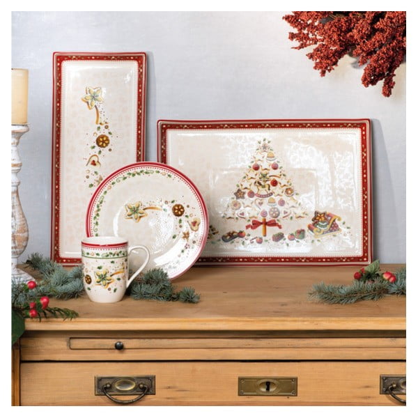 Sarkani bēšs porcelāna servīzes šķīvis ar Ziemassvētku motīvu Villeroy & Boch, 39,7 x 17,3 cm